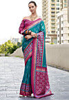 Ikat Printed Art Silk Saree in Teal Blue