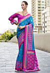 Ikat Printed Art Silk Saree in Teal Blue