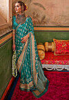 Ikat Printed Art Silk Saree in Teal Blue