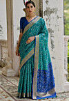 Ikat Printed Art Silk Saree in Teal Blue