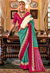 Ikat Printed Art Silk Saree in Teal Green