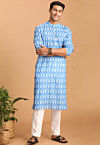 Ikat Printed Cotton Kurta Set in Blue