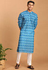 Ikat Printed Cotton Kurta Set in Teal Blue