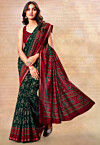 Ikat Printed Cotton Silk Saree in Dark Green