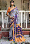 Ikat Printed Cotton Silk Saree in Grey