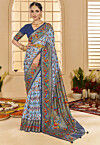 Ikat Printed Cotton Silk Saree in Light Blue