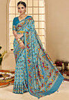 Ikat Printed Cotton Silk Saree in Light Blue