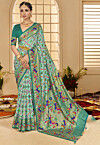 Ikat Printed Cotton Silk Saree in Sea Green