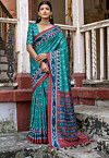 Ikat Printed Cotton Silk Saree in Teal Blue