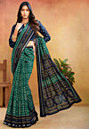 Ikat Printed Cotton Silk Saree in Teal Green
