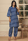 Ikat Printed Pure Cotton Co Ord Set in Navy Blue