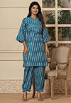 Ikat Printed Pure Cotton Co Ord Set in Teal Blue