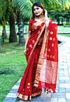 Jamdani Linen Cotton Saree in Maroon