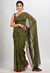 Kantha Pure Cotton Saree in Dark Olive Green
