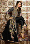 Embroidered Georgette Jacket Style Abaya Suit in Black