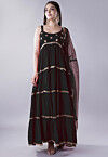 Lace Border Muslin Silk Tiered Abaya Style Suit in Black