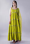 Lace Border Muslin Silk Tiered Abaya Style Suit in Light Green