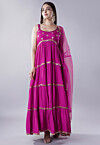 Lace Border Muslin Silk Tiered Abaya Style Suit in Magenta