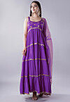 Lace Border Muslin Silk Tiered Abaya Style Suit in Purple