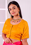 Lace Border Satin Silk Blouse in Mustard
