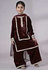 Lace Border Velvet Pakistani Suit in Wine