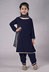 Lace Border Velvet Punjabi Suit in Navy Blue