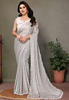 Lace Embellished Art Silk Saree in Grey