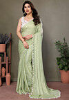 Lace Embellished Art Silk Saree in Light Green