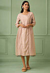 Lace Embellished Cotton Silk Aline Dress in Old Rose