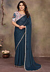 Lace Embellished Georgette Saree in Teal Blue