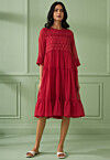Lace Embellished Kota Silk Tiered Dress in Red
