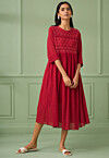 Lace Embellished Pure Cotton Aline Dress in Red