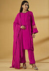 Lace Embellished Rayon Pakistani Suit in Magenta