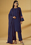 Lace Embellished Rayon Pakistani Suit in Navy Blue