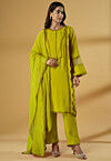 Lace Embellished Rayon Pakistani Suit in Olive Green