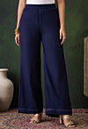 Lace Embellished Rayon Palazzo in Navy Blue