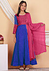 Leheriya Printed Georgette Abaya Style Suit in Blue and Pink