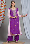 Leheriya Printed Georgette Layered Kurta Set in Purple and Pink