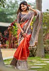 Madhubani Printed Tussar Silk Saree in Orange
