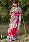 Madhubani Printed Tussar Silk Saree in Pink