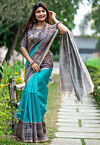Madhubani Printed Tussar Silk Saree in Turquoise