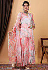 Marble Printed Chiffon Abaya Style Suit in Pink and Grey