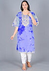 Marble Printed Organza Straight Kurta Set in Shaded Blue