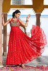 Navratri Special Georgette Tiered Gown in Red