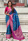 Patola Art Silk Saree in Teal Blue