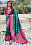 Patola Art Silk Saree in Teal Green