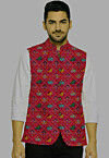 Patola Printed Art Silk Nehru Jacket in Fuchsia
