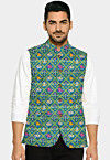 Patola Printed Art Silk Nehru Jacket in Sea Green