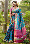 Patola Printed Art Silk Saree in Teal Blue