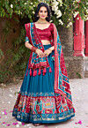 Patola Printed Tussar Silk Lehenga in Teal Blue